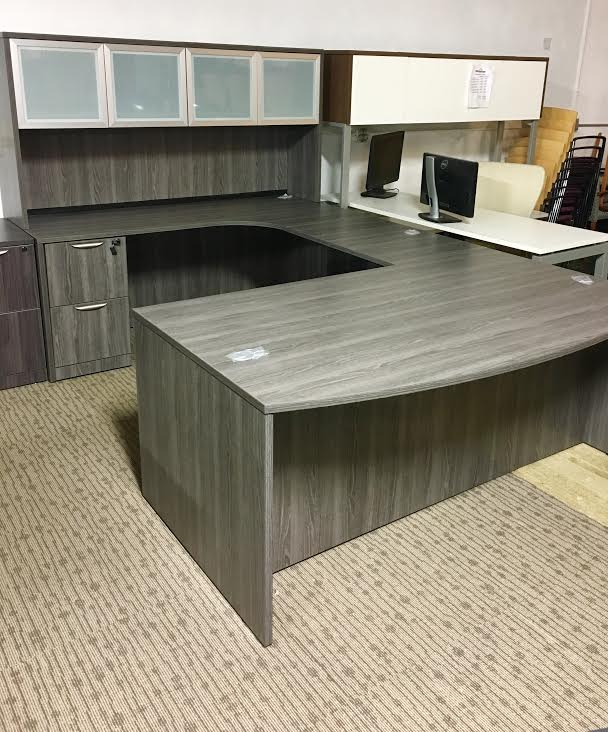 Modern Office Credenza Desk with Hutch and Storage Cabinet - Newport Gray - PL Laminate by Harmony Collection